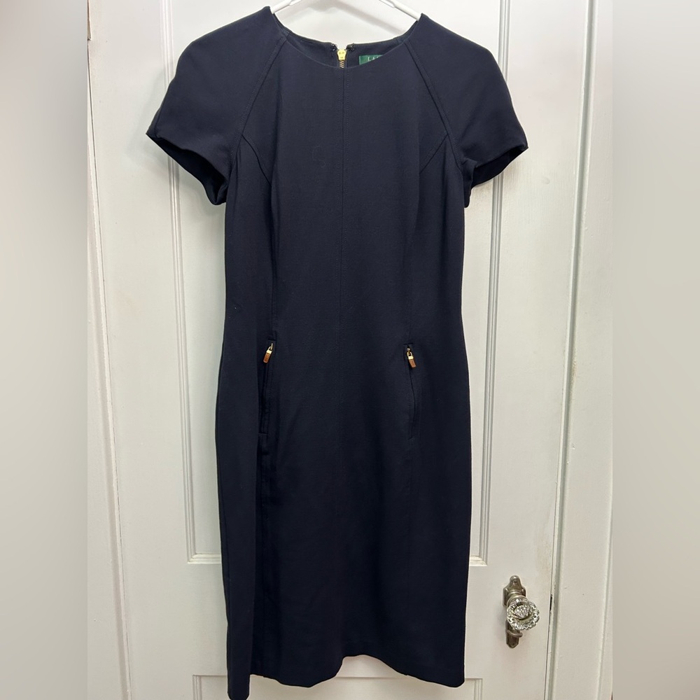 Lauren Ralph Lauren Dress Dark Navy Gold Zipper Short Sleeve Size 8